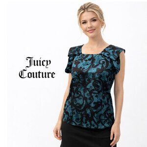 Juicy Couture Silk Sleeveless Blouse Teal Black Patterned Size Medium slim